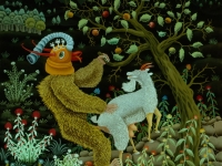 Josip Generalić, 1985, Kozino ugodno iznenađenje (Goat's pleasant surprise), ulje na staklu (oil on glass), 80×100 cm