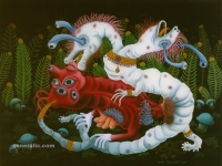 Josip Generalic, 1985, Ljubav dvoglave gliste i petooke (Love of five-eyed and two-headed), ulje na staklu (oil on glass)
