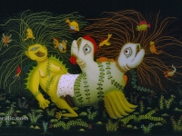 Josip Generalić, 1985, Preobražaj dvoglavog vodenjaka (The metamorphosis of the Two-headed salamander), ulje na staklu (oil on glass), 100×170 cm