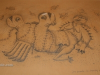 Josip Generalić, 1985, Preobražaj dvoglavog vodenjaka (The metamorphosis of the Two-headed salamander), olovka na papiru (pencil on paper), 100x150 cm