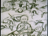 Josip Generalić, 1986, Obrok na bojištu (Meal on the field), ugljen na papiru (charcoal on paper)
