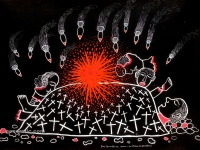 Josip Generalić, 1991, Hrvatska u krvi – križevi pod vatrom (Croatia in blood – Crosses under fire), akril na papiru (acrylic on paper), 100×70 cm