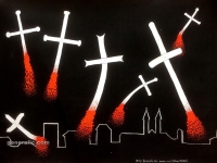 Josip Generalić, 1991, Hrvatska u krvi – križevi u plamenu (Croatia in blood – Crosses on fire), akril na papiru (acrylic on paper), 100×70 cm