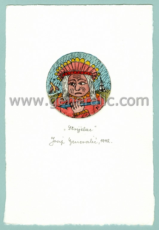 Josip Generalic, JG-H02-03, Zodiac - Sagittarius with spear, water-coloured etching, 20x13 cm Ø 6 cm, 1992 - 100 eur