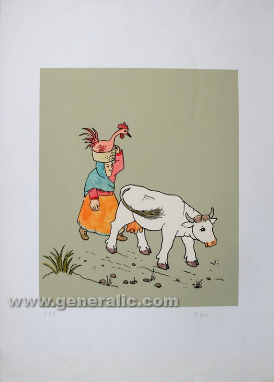 Ivan Generalic, Woman with a cow, serigraphy, water-coloured