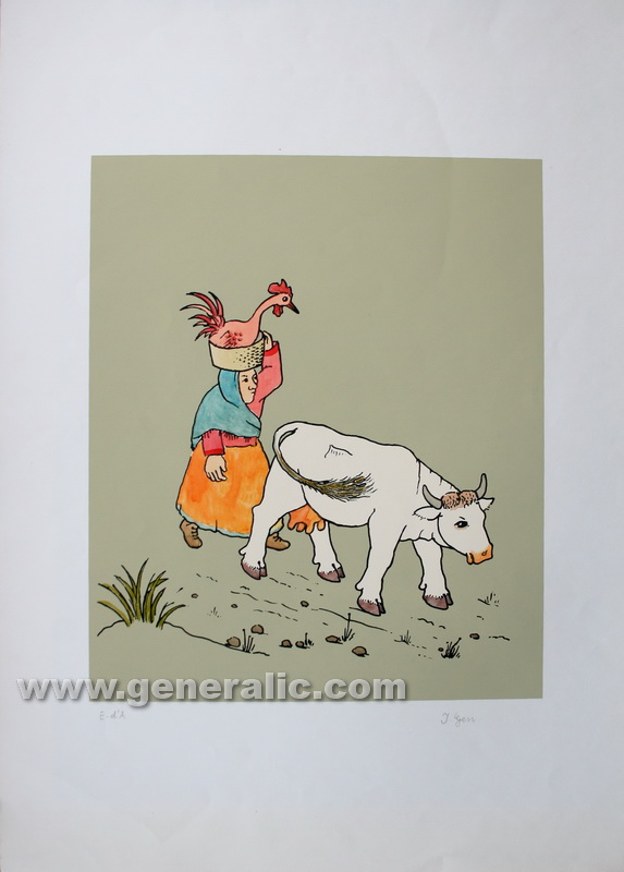 Ivan Generalic, Woman with a cow, silkscreen, water-coloured, original signature - 1.000 eur