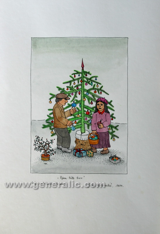 Josip Generalic, JG-L06-01(19), Children with Christmas tree, water-coloured silkscreen, 50 x 35 cm 28 x 20 cm, 1984 - 400 eur