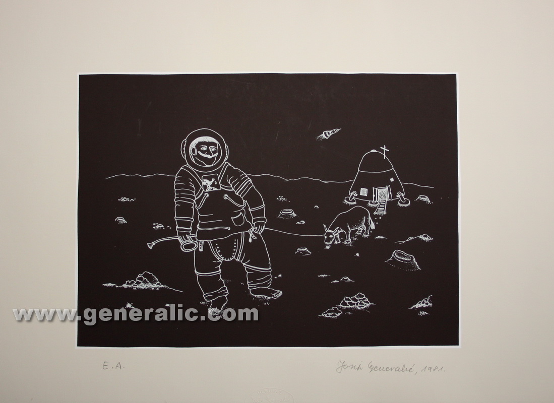 Josip Generalic JG-P05-01 Imbro kolonizira Mjesec Imbro colonizing the Moon serigraph in colour 44x63 cm 28x39 cm 1981 =300,00 EUR