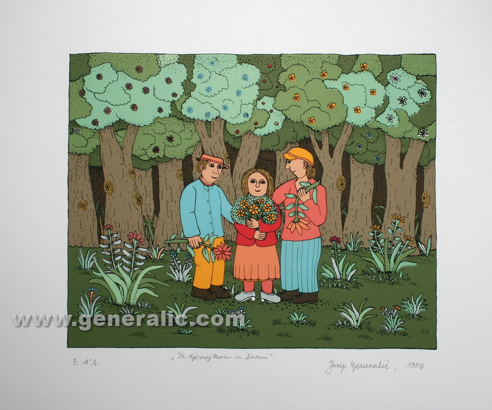Josip Generalic, JG-S11-01(16), With girlfriend in a forest, silkscreen, 34x49 cm 20x25 cm, 1986 - 300 eur