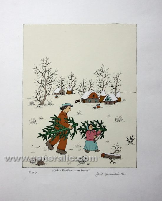 Josip Generalic, JG-S13-02(8), Father and girl carrying trees, serigraphy in colour, 64x49 cm 33x26 cm, 1984 =300 eur