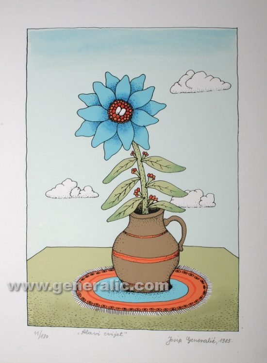 Josip Generalic, JG-T02-01(5), Blue flower, silkscreen, 30x23 cm 24x17 cm, 1985 - 200 eur