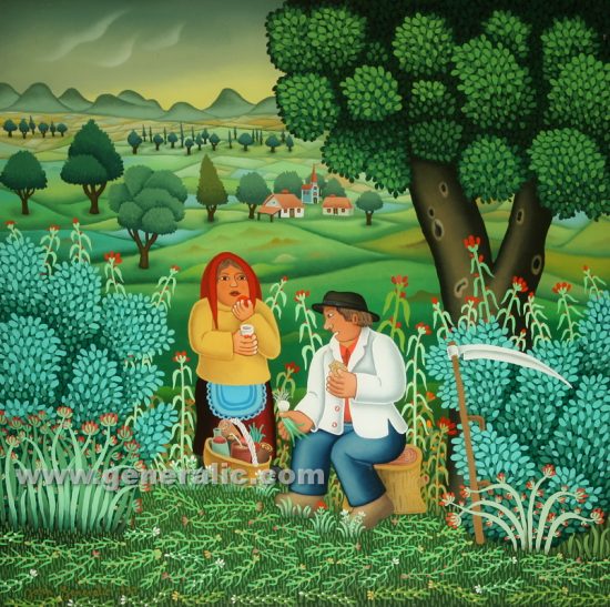 Josip Generalic, 1997, Mowers are resting, oil on glass, 50×50 cm - Price 8.000 eur