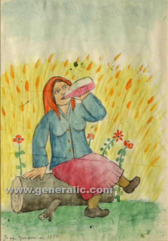 Josip Generalic, Woman is drinking, watercolour, 1977, 24x18 cm