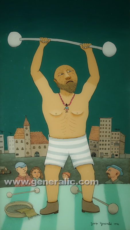 Josip Generalic, 1976, oil on glass, Weight lifting, 66x38 cm - Price 10.000 eur