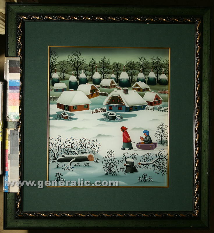 Josip Generalic, 2000, oil on glass, Children with sledge, 40x35 cm - Price 8.000 eur