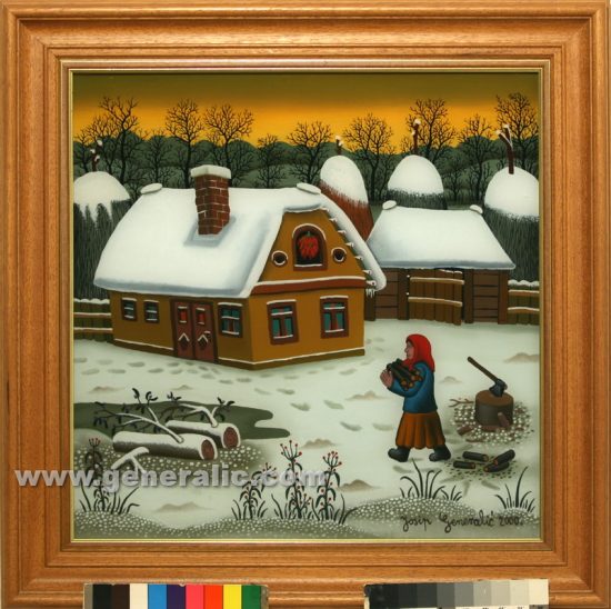 Josip Generalic, 2000, oil on glass, Woman carring wood, 46×46 cm - Price 8.000 eur
