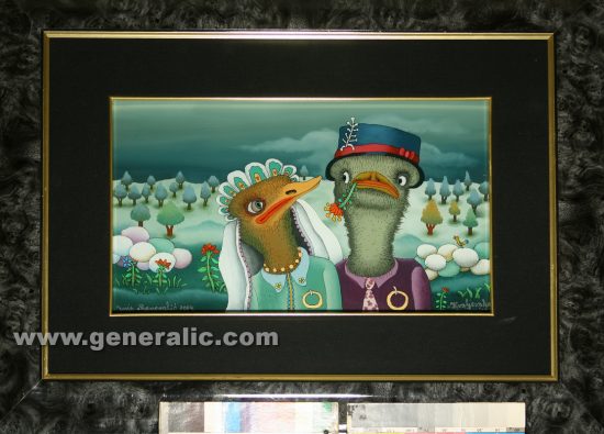 Josip Generalic, 2004, oil on glass, Ostrich wedding, 22x38 cm - Price 6.000 eur