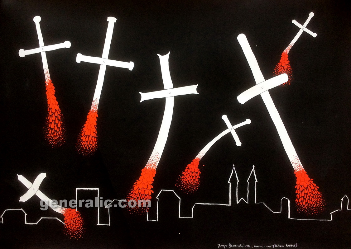Josip Generalic JG1991-01 Croatia in blood - Crosses on fire, acrylic on paper, 100x70 cm, 1991