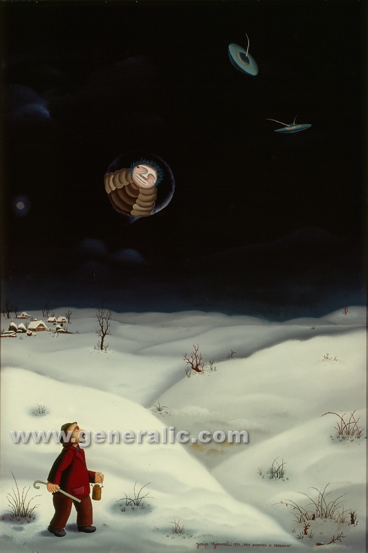 Josip Generalic, First aliens in Podravina (Prvi svemirci u Podravini), oil on glass, 150x100cm, 1975 - Price on request