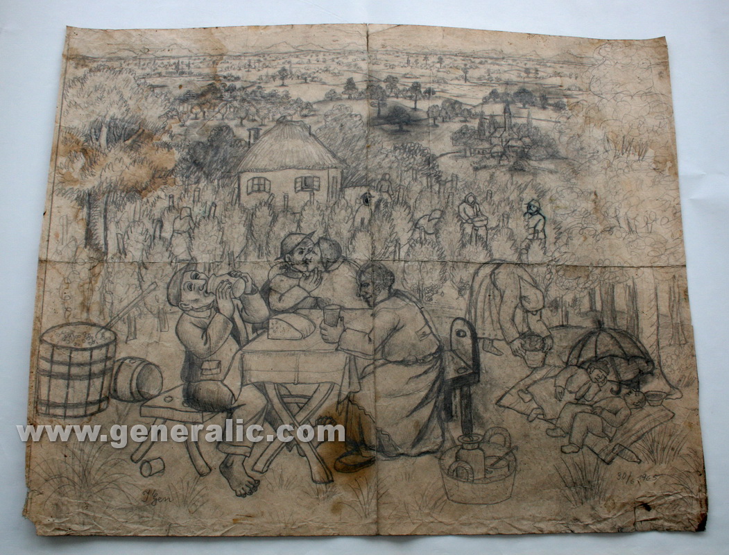 Ivan Generalic, A party, pencil on paper, 63x78 cm, 1965