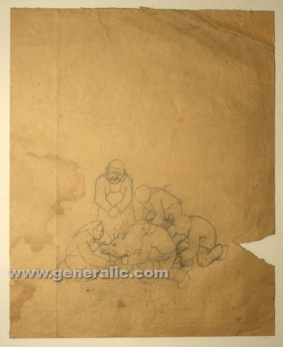 Ivan Generalic, Butchers, pencil on paper, 47x38 cm (framed)