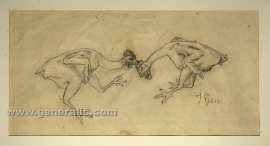 Ivan Generalic, Chicken fight, pencil on paper, 42x22 cm (framed)