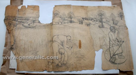 Ivan Generalic, Gathering the hay, pencil on paper, 70x130 cm