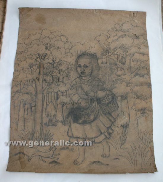 Ivan Generalic, Girl with a bird, pencil on paper, 80x65 cm