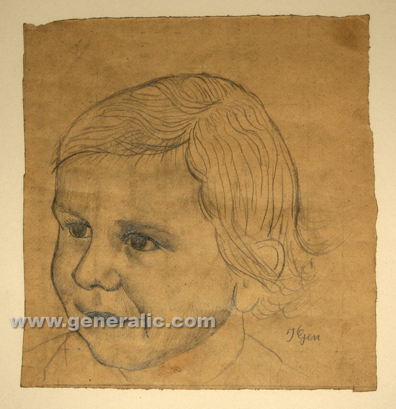 Ivan Generalic, Girl's portrait, pencil on paper, 32x30 cm (framed)
