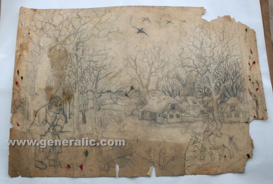 Ivan Generalic, Old man with peacock, pencil on paper, 62x89 cm