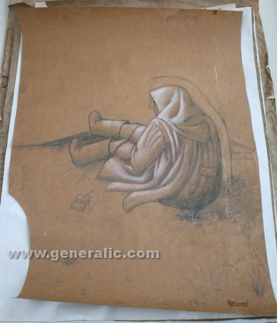 Ivan Generalic, pencil on paper, 1960s, Old woman, 100x74cm