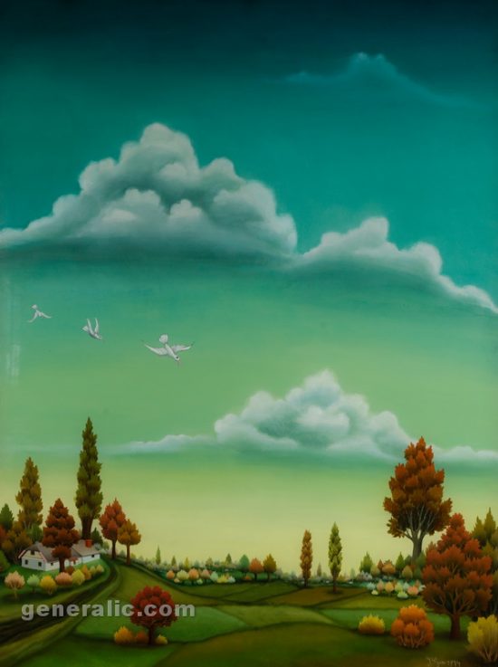 Ivan Generalic, Low landscape (Niski pejzaz), oil on glass, 97x73 cm, 1974