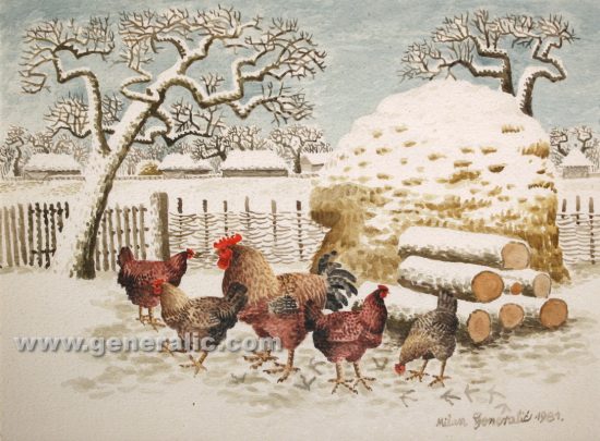 Milan Generalić, Kokoši (Hens), akvarel (watercolour), 1981, 30×40 cm - 300 eur