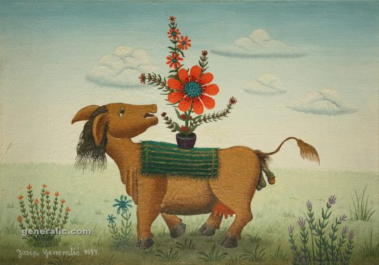 Josip Generalić, 1977, Mutant s cvijećem (Mutant with flowers), ulje na platnu (oil on canvas), 30x42 cm - 2.000 eur