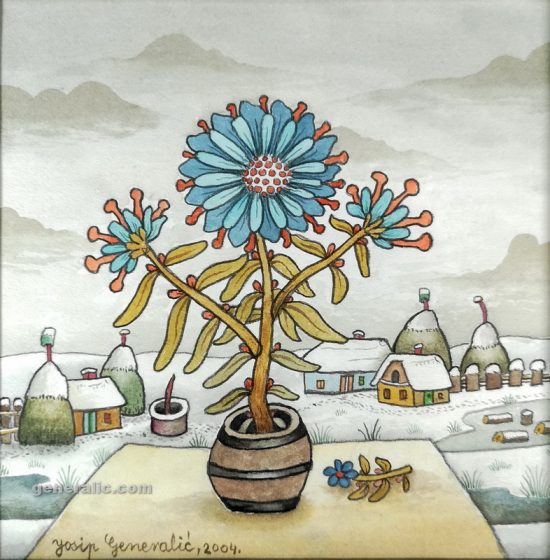 Josip Generalić, 2004, Plavo cvijeće (Blue flowers), akvarel (watercolour), 25x25 cm - 200 eur