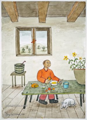 Josip Generalić, 1970, Ručak (Man at lunch), akvarel (watercolour), 29×21 cm – 300 eur