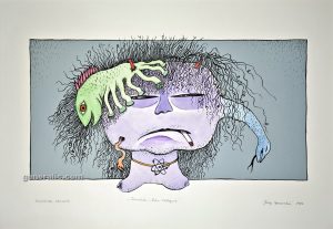 Josip Generalić, 1986, Tarantula i Riba oktopod (Tarantula and Octopod fish), oslikani svilotisak (watercoloured silkscreen), 50×70 cm 32×58 cm – 100 eur