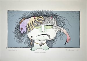 Josip Generalić, 1986, Tarantula i Riba oktopod (Tarantula and Octopod fish), oslikani svilotisak (watercoloured silkscreen), 50×70 cm 32×58 cm – 100 eur