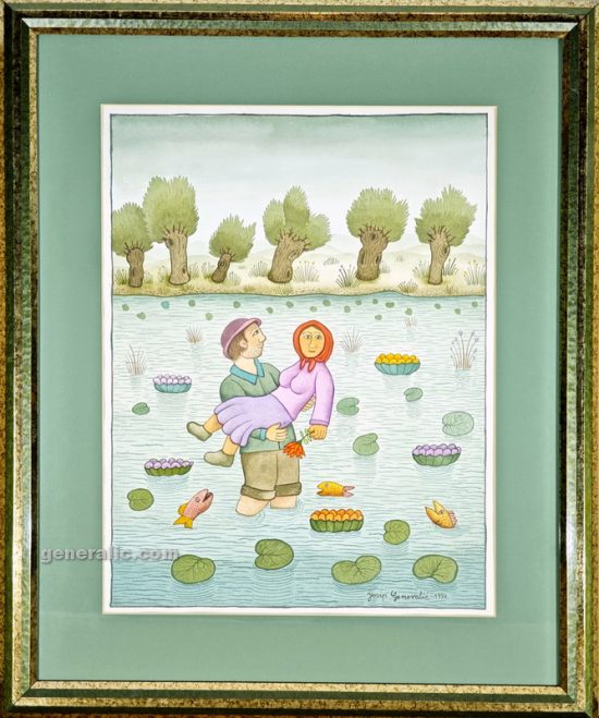 Josip Generalić, 1994, Mladić nosi djevojku (Boy carrying a girl), akvarel (watercolour), 45×35 cm 40×30 cm – 600 eur