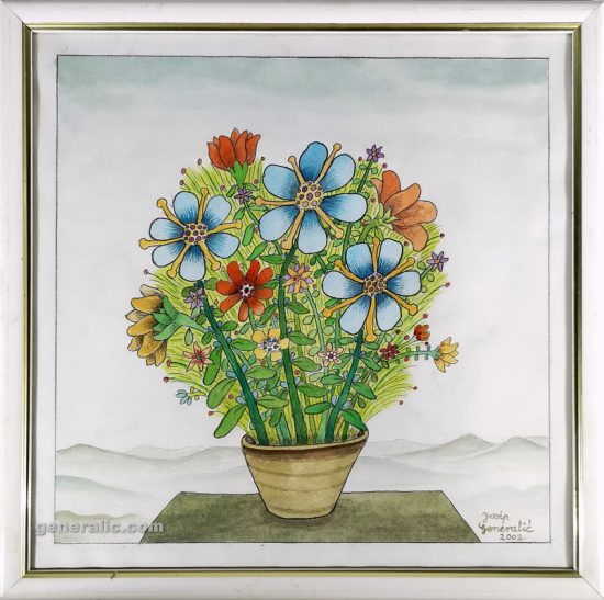Josip Generalić, 2002, Cvijeće na stolu (Flowers on a table), akvarel (watercolour), 37x37 cm 33x33 cm - 400 eur