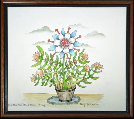 Josip Generalić, 2004, Cvijeće u škafu (Flowers in a bucket), akvarel (watercolour), 33×37 cm – 400 eur
