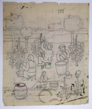 Josip Generalić, 1968, Berba vinograda (Grape harvest), olovka na papiru (pencil on paper), 59×49 cm – 300 eur