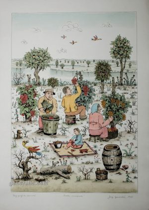 Josip Generalić, 1968, Berba vinograda (Grape harvest), oslikani svilotisak (water-coloured silkscreen), 71×50 cm 42×60 cm – Posljednji (Last one) – 800 eur