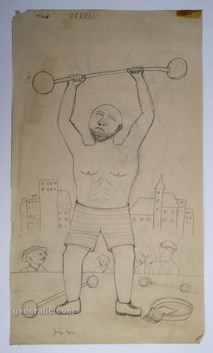 Josip Generalić, 1976, Dizač utega (Weightlifter), olovka na papiru, (pencil on paper), 66×38 cm - poklon uz ulje (free with oil)
