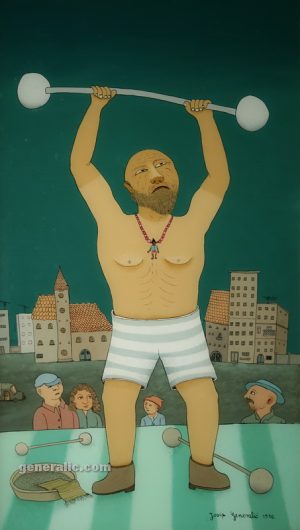 Josip Generalić, 1976, Dizač utega (Weightlifter), ulje na staklu (oil on glass), 66×38 cm - 3.000 eur