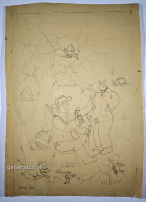 Josip Generalić, Lovci odmaraju (Hunters are resting), olovka na papiru (pencil on paper), 36x24 cm - 200 eur