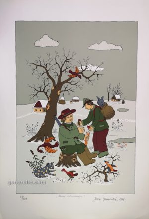 Josip Generalić, Lovci odmaraju (Hunters are resting), svilotisak (silkscreen), 50x35 cm 38x27 cm, 1985, JG-S05-01(14) - 300 eur