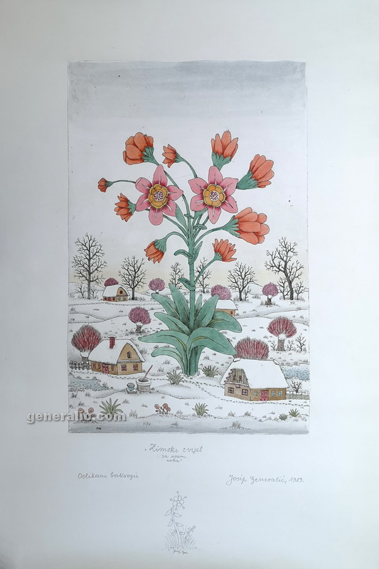 Josip Generalić, Zimski cvijet s osam vrba (Winter flower with willows), oslikani bakropis (water-coloured etching), 79x52 cm papir (paper) 49x31 cm otisak (print), 1989 - 900 eur